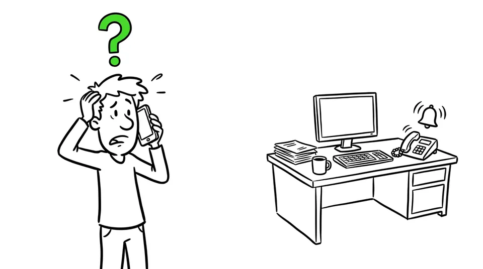 Illustrazione whiteboard: un condomino chiama e il telefono dello studio squilla a vuoto