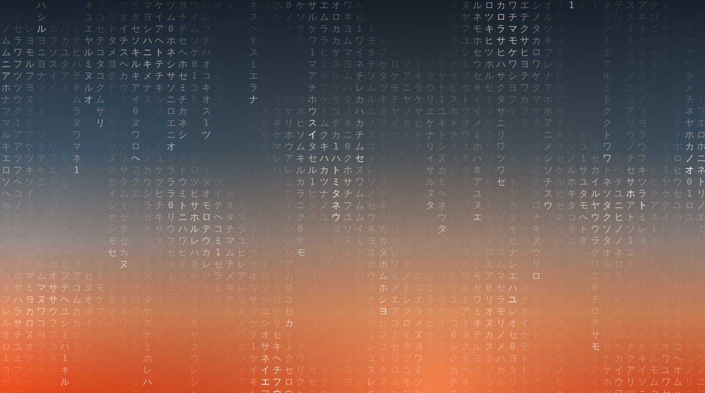 Sfondo astratto dal blu al rosso tramonto con caratteri che scorrono, lo stile grafico di Allerto