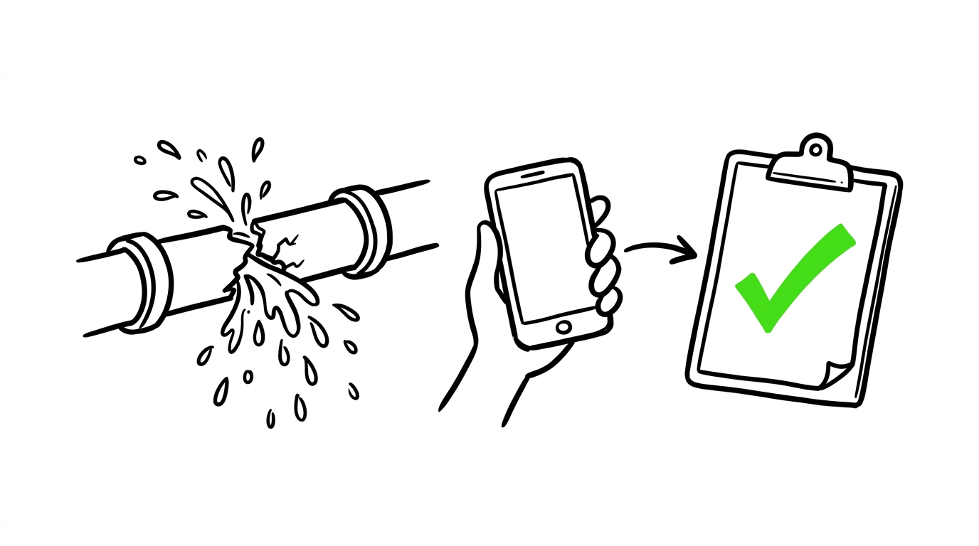 Illustrazione whiteboard: dal tubo rotto alla segnalazione presa in carico