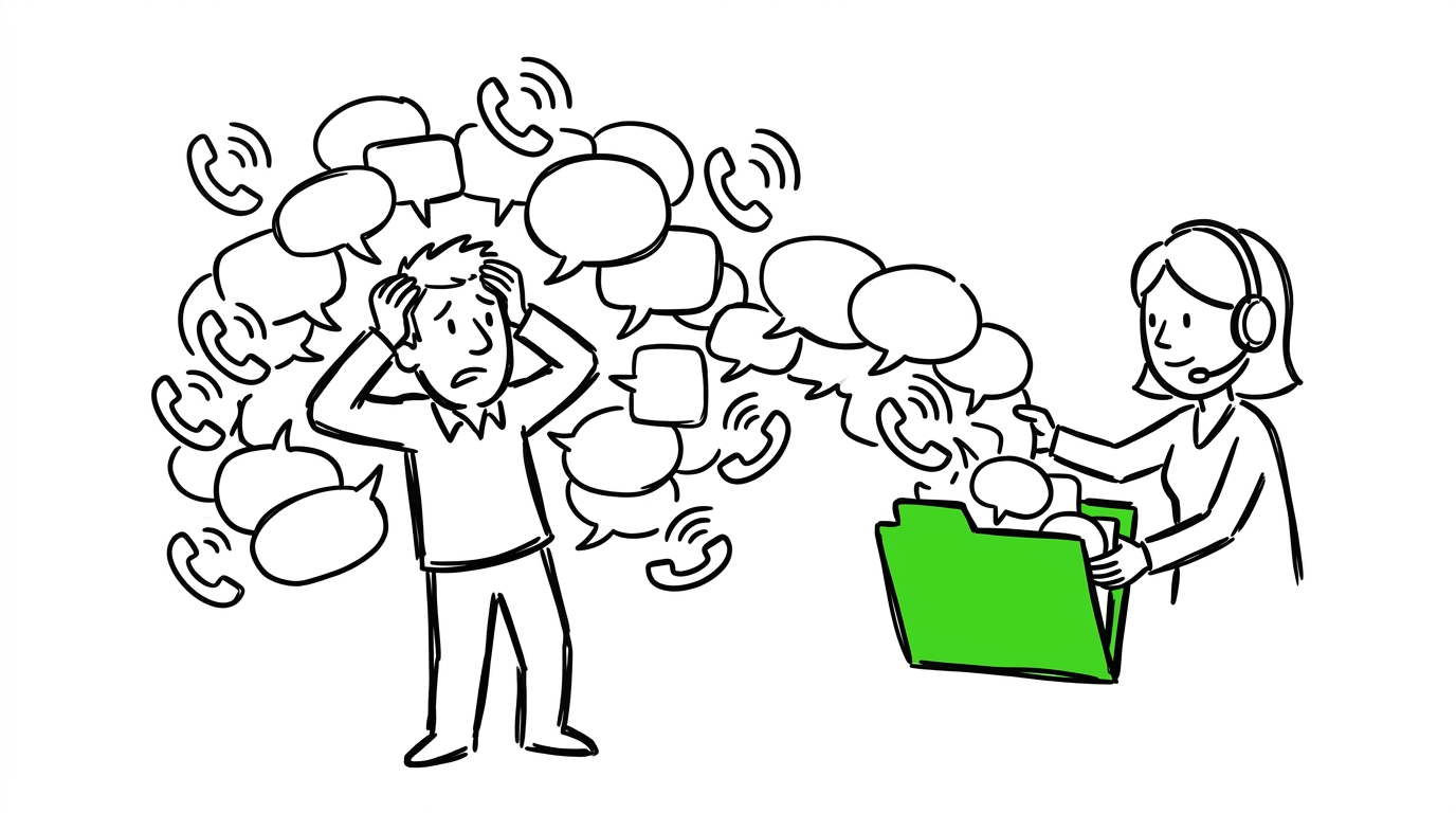 Illustrazione whiteboard: le tante chiamate dello stesso condomino raccolte con ordine