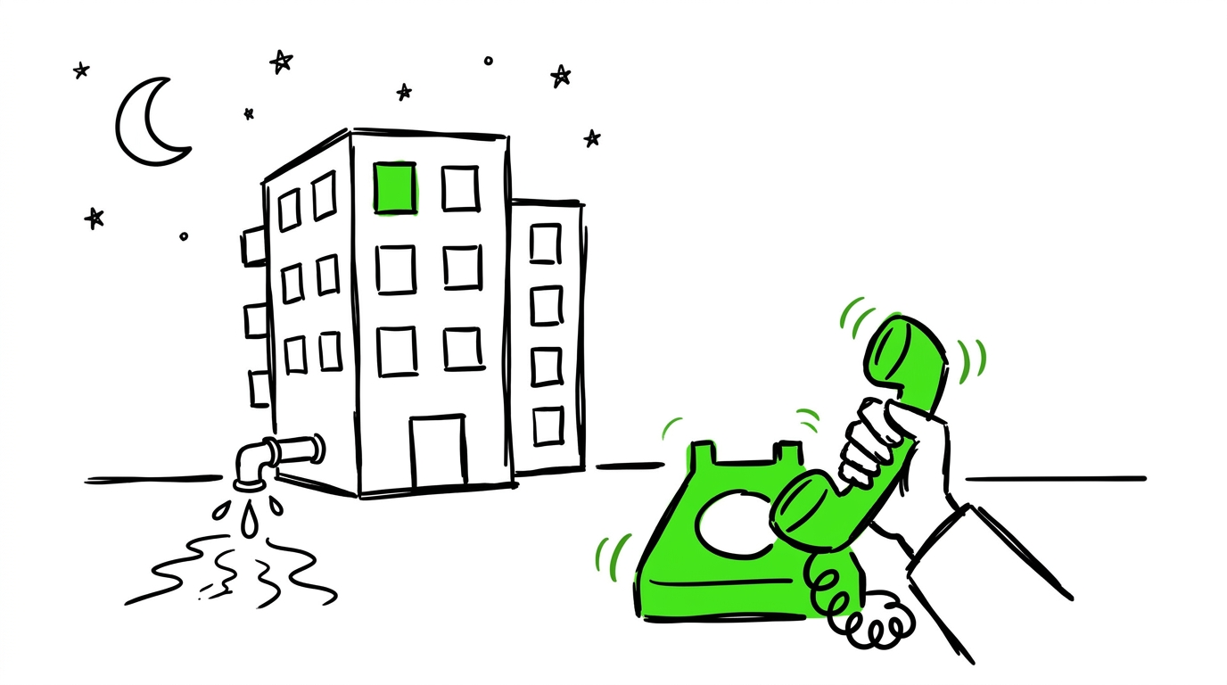 Illustrazione whiteboard: emergenza notturna in condominio, qualcuno risponde comunque