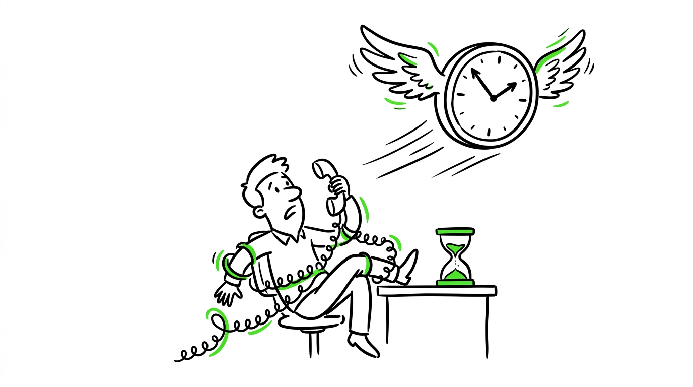 Illustrazione whiteboard: il tempo che vola via mentre si resta intrappolati al telefono