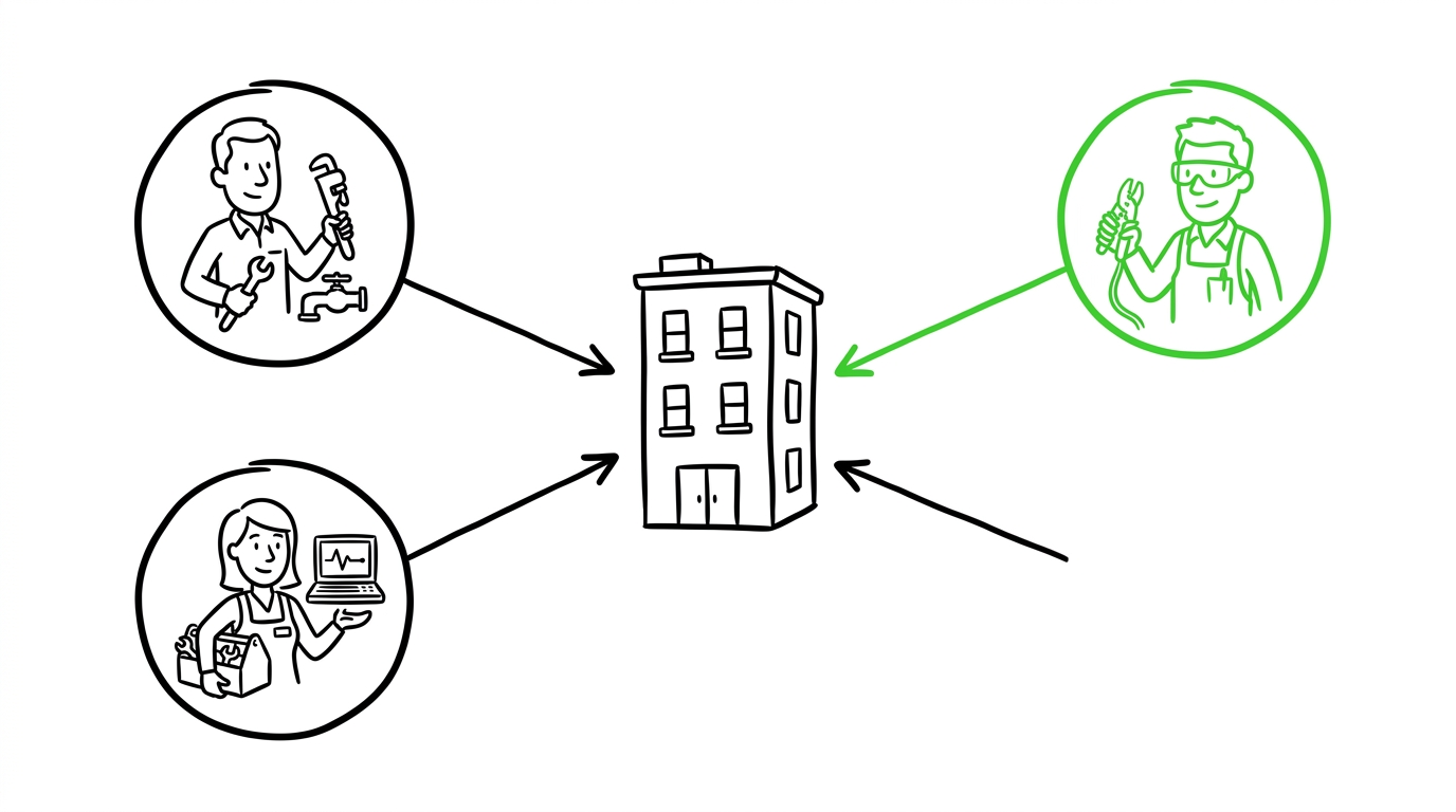 Illustrazione whiteboard: la rete di tecnici di reperibilità collegata al condominio