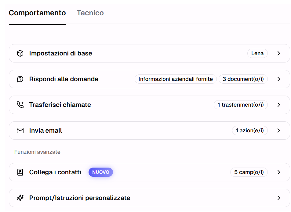 Pannello di configurazione del comportamento dell'assistente